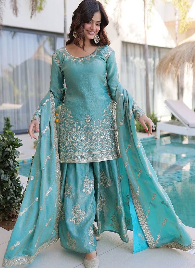 Sky-blue embroidered fendy silk salwar suit