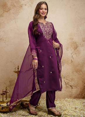 Dark-purple embroidered chanderi salwar suit 2