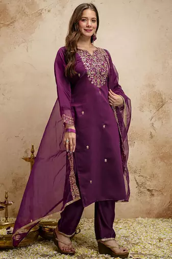 Dark-purple embroidered chanderi salwar suit