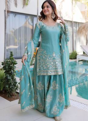 Sky-blue embroidered fendy silk salwar suit 2