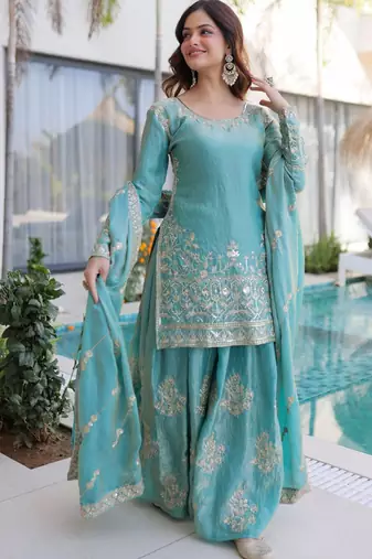 Sky-blue embroidered fendy silk salwar suit