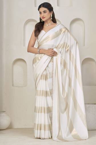 designer white heavy zarkan hand work satin silk saree