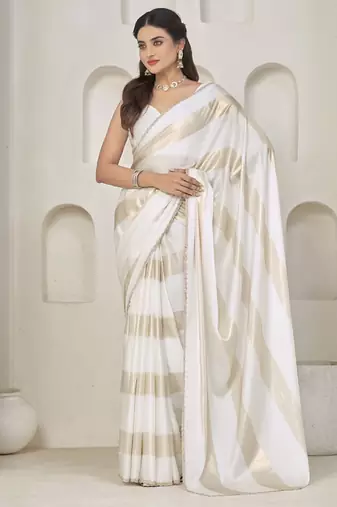 designer white heavy zarkan hand work satin silk saree