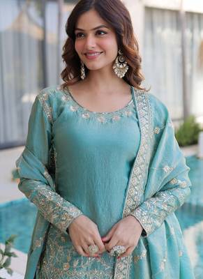Sky-blue embroidered fendy silk salwar suit 3