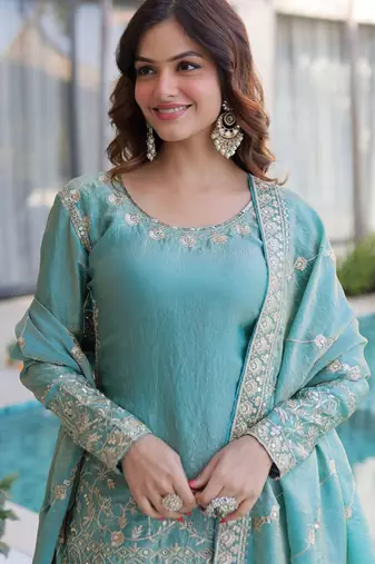 Sky-blue embroidered fendy silk salwar suit