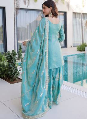 Sky-blue embroidered fendy silk salwar suit 4