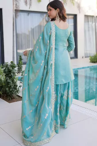Sky-blue embroidered fendy silk salwar suit