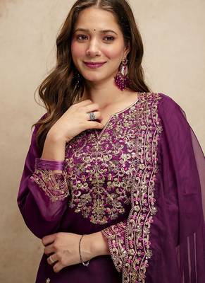 Dark-purple embroidered chanderi salwar suit 3