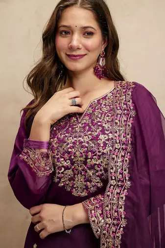 Dark-purple embroidered chanderi salwar suit