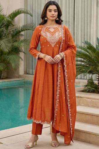 Orange embroidered vichitra  anarkali suit