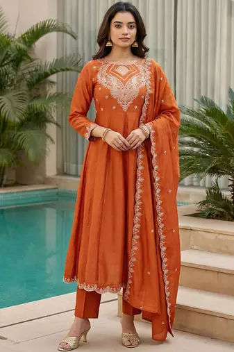 Orange embroidered vichitra  anarkali suit