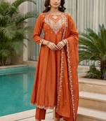 Orange embroidered vichitra  anarkali suit