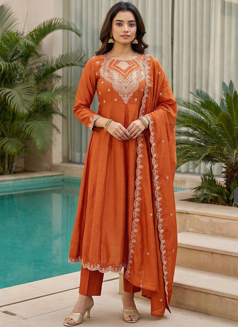 Orange embroidered vichitra  anarkali suit