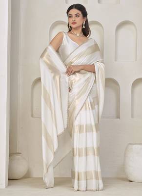 designer white heavy zarkan hand work satin silk saree 3