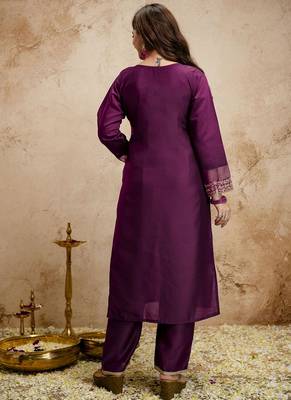Dark-purple embroidered chanderi salwar suit 4