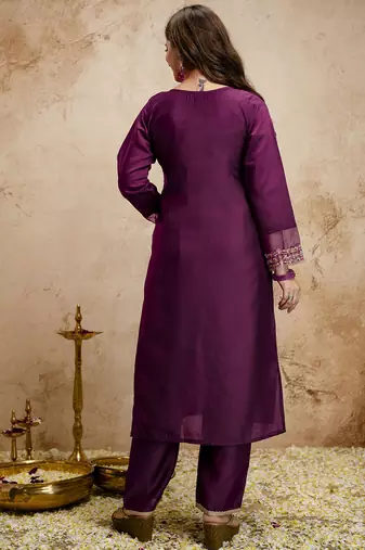 Dark-purple embroidered chanderi salwar suit