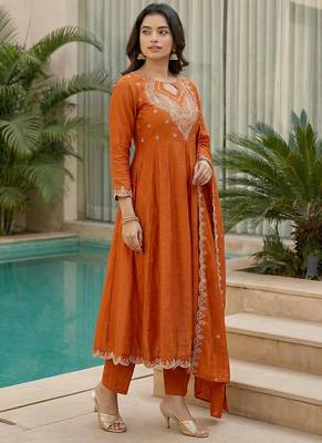 Orange embroidered vichitra  anarkali suit 2