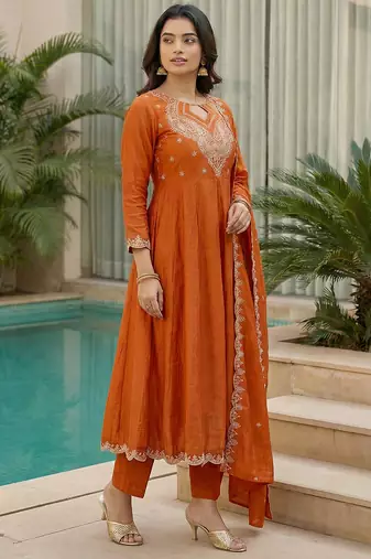 Orange embroidered vichitra  anarkali suit