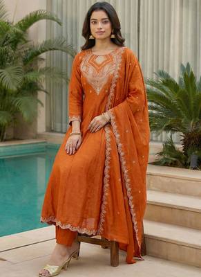 Orange embroidered vichitra  anarkali suit 3