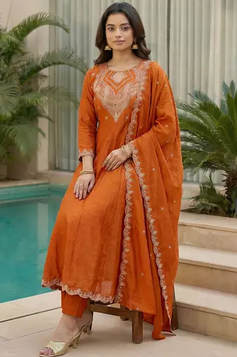 Orange embroidered vichitra  anarkali suit