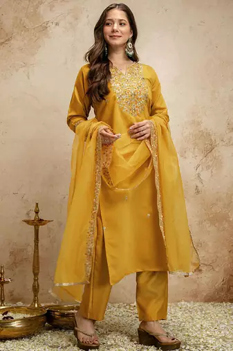 Yellow embroidered chanderi salwar suit
