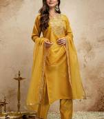 Yellow embroidered chanderi salwar suit