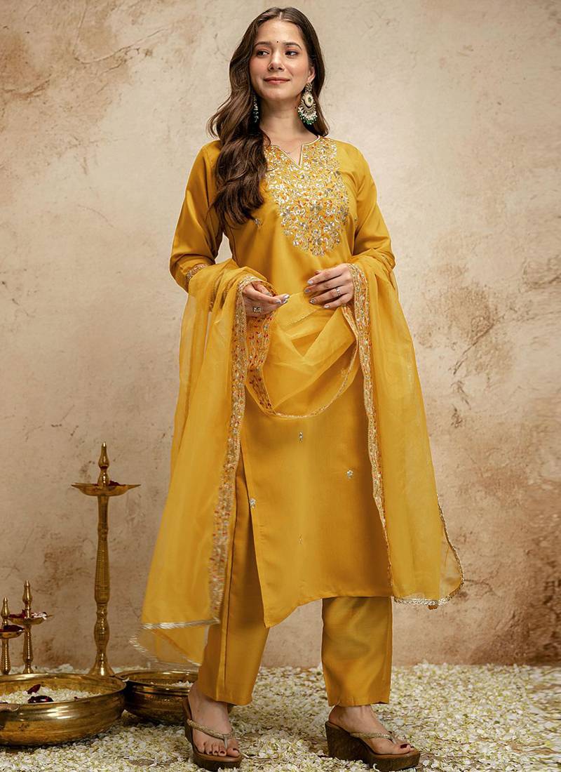 Yellow embroidered chanderi salwar suit