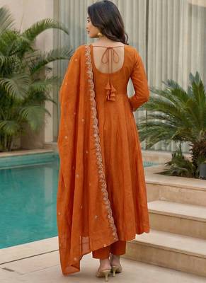 Orange embroidered vichitra  anarkali suit 4