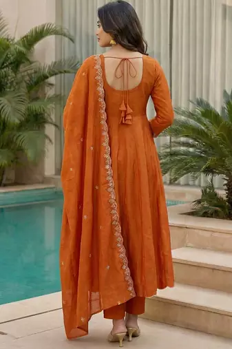 Orange embroidered vichitra  anarkali suit