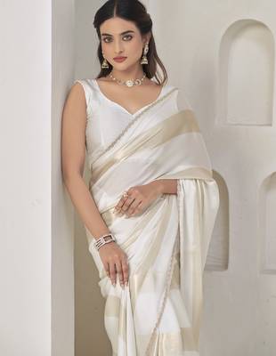 designer white heavy zarkan hand work satin silk saree 5