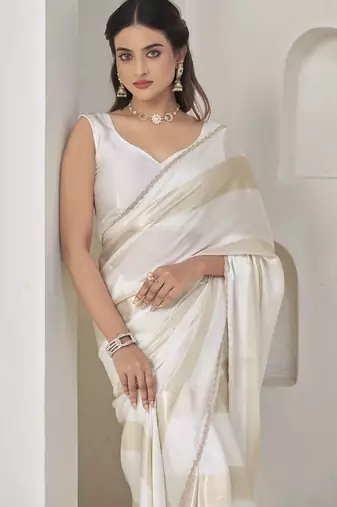 designer white heavy zarkan hand work satin silk saree