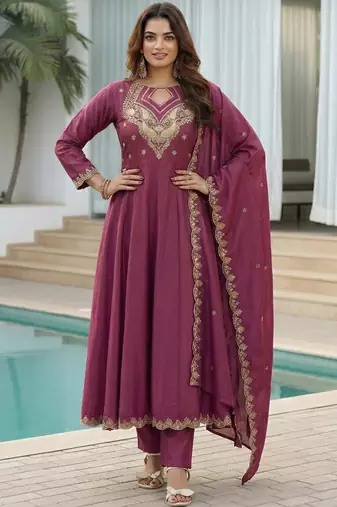 Dark-purple embroidered vichitra anarkali suit