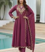 Dark-purple embroidered vichitra anarkali suit