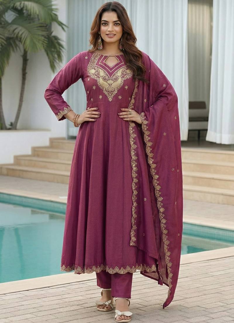 Dark-purple embroidered vichitra anarkali suit