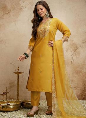 Yellow embroidered chanderi salwar suit 2