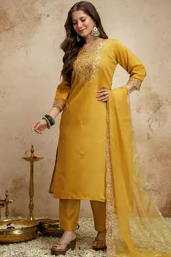 Yellow embroidered chanderi salwar suit