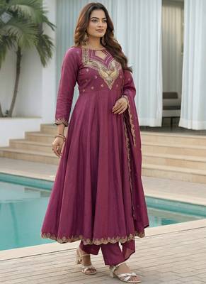 Dark-purple embroidered vichitra anarkali suit 2