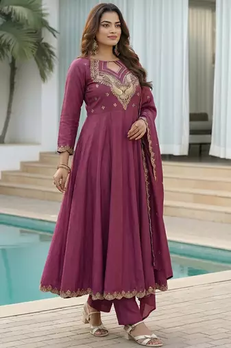 Dark-purple embroidered vichitra anarkali suit