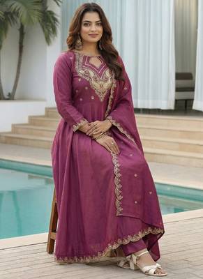 Dark-purple embroidered vichitra anarkali suit 3