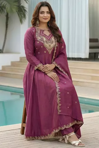 Dark-purple embroidered vichitra anarkali suit