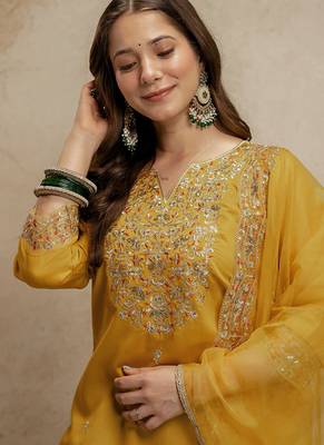 Yellow embroidered chanderi salwar suit 3