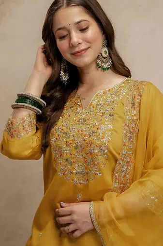 Yellow embroidered chanderi salwar suit