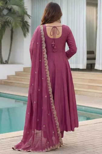 Dark-purple embroidered vichitra anarkali suit