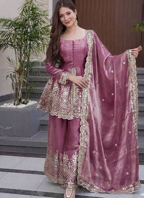 Dark-pink embroidered fendy silk salwar suit 1