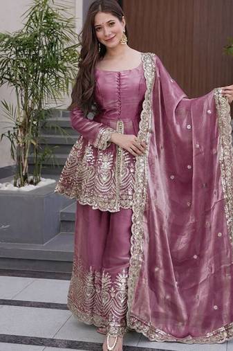 Dark-pink embroidered fendy silk salwar suit