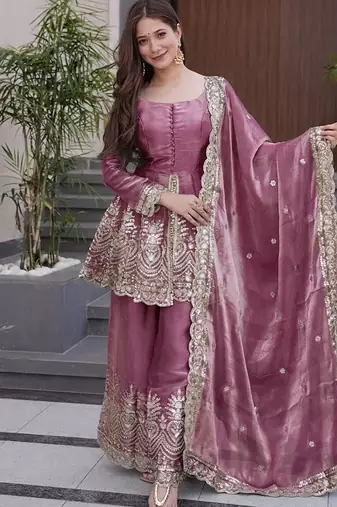 Dark-pink embroidered fendy silk salwar suit