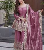 Dark-pink embroidered fendy silk salwar suit