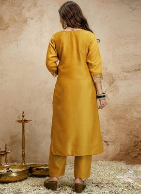Yellow embroidered chanderi salwar suit 4