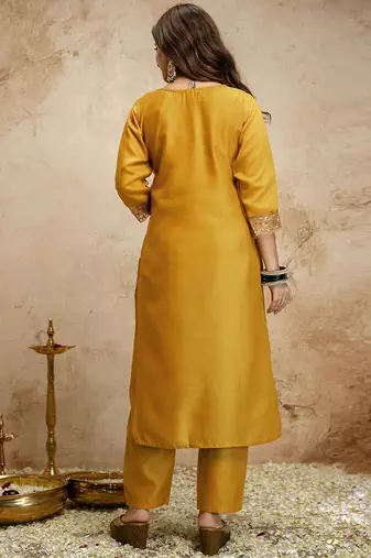 Yellow embroidered chanderi salwar suit