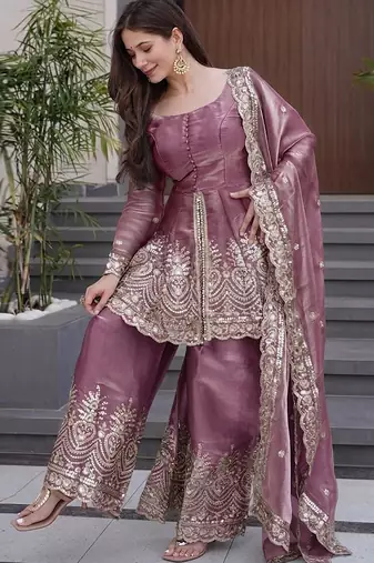 Dark-pink embroidered fendy silk salwar suit